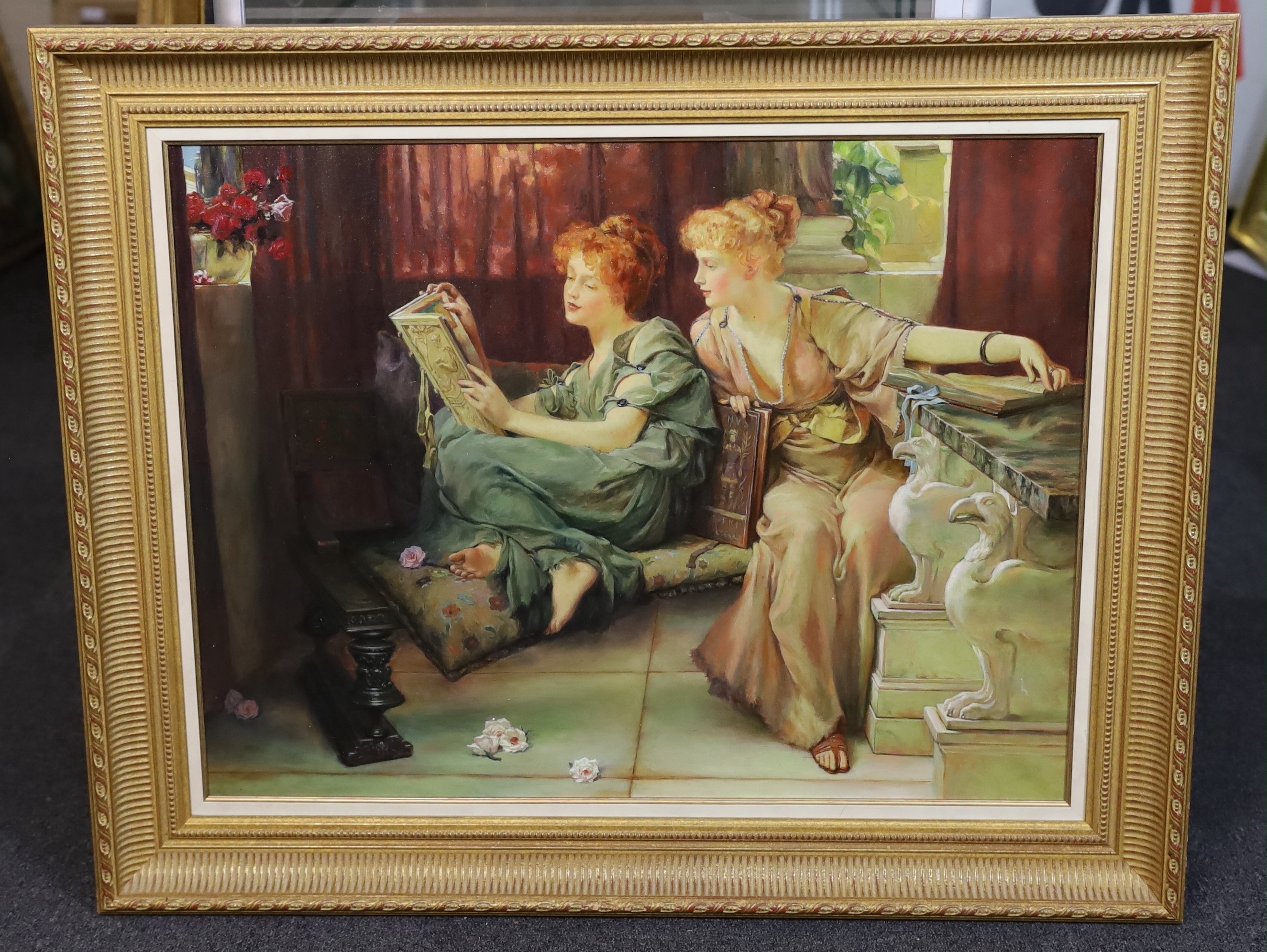 Konstantin Razumov (Russian, b.1974), Classical beauties reading books, oil on canvas, 56 x 73cm